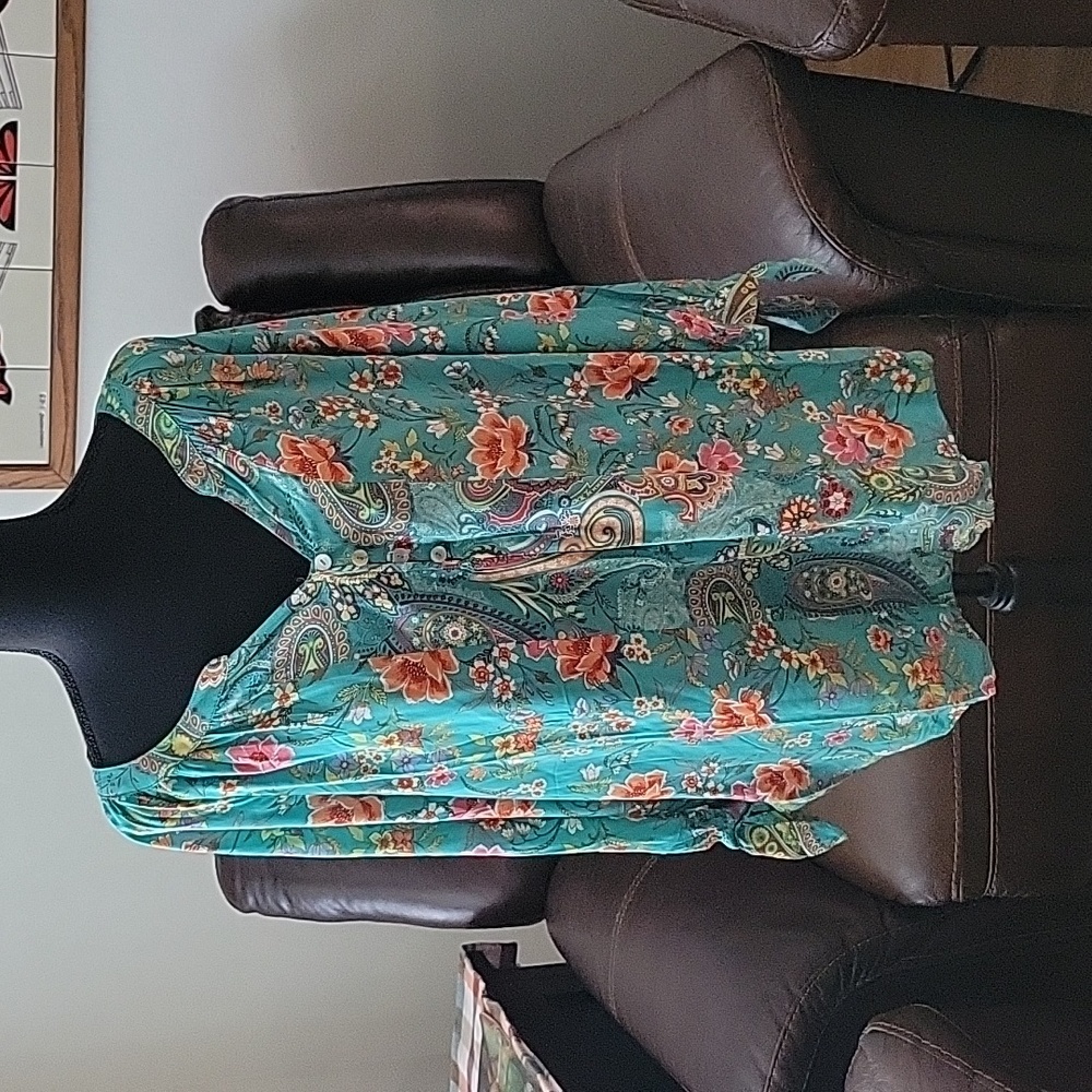 FINAL PRICE Teal Tropical Print Blouse - Picture 4 of 11